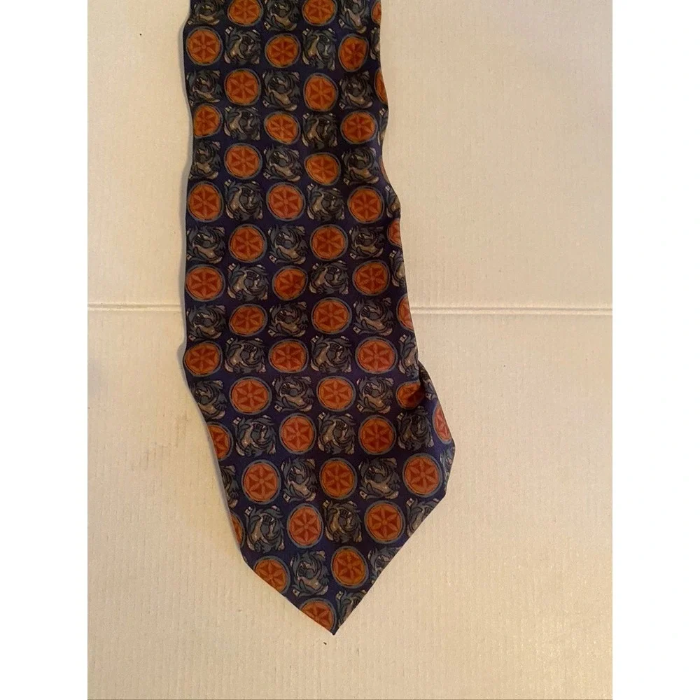 Christian Dior Monsieur Silk Tie Medallion Dragon Navy Blue Orange Geometric